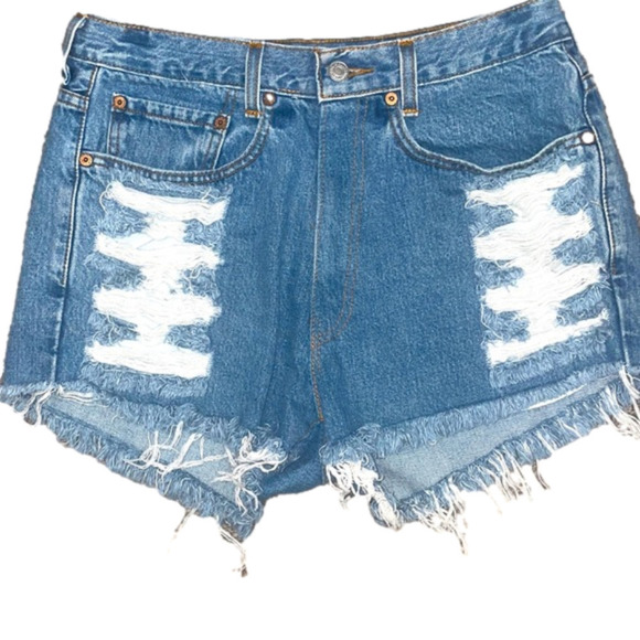 Levi’s High Waisted Cutoff Jean Shorts Women 30 Upcycled Distressed Retro Large - Picture 3 of 6